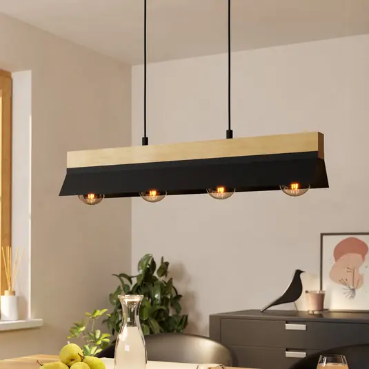 Závěsná lampa Tarrafo černá, přírodní dřevo, 4 světla Nízká Cena