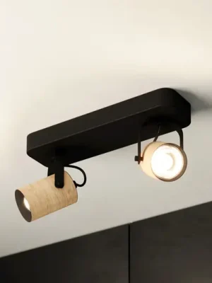 Sleva Stropní bodové svítidlo Cayuca, dekor černá/dřevo, dvoulampa