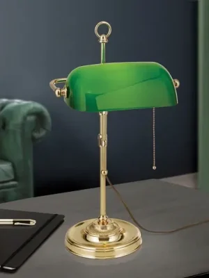 Výhodná Nabídka Stolní lampa Banker, tahový vypínač, mosaz/zelená