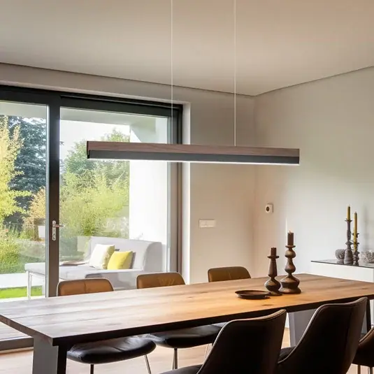 Závěsná lampa Quitani LED Keijo, černá/ořech, 103 cm Vysoce Kvalitní