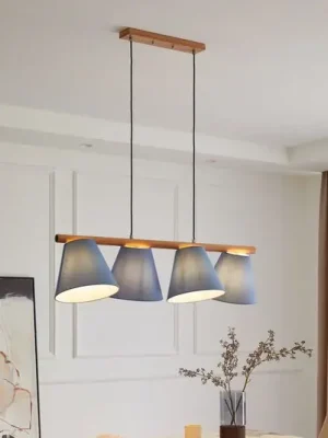 Značkový Závěsné svítidlo Lucande Jinda, modrá barva, dřevo, tkanina, 120 cm, E27