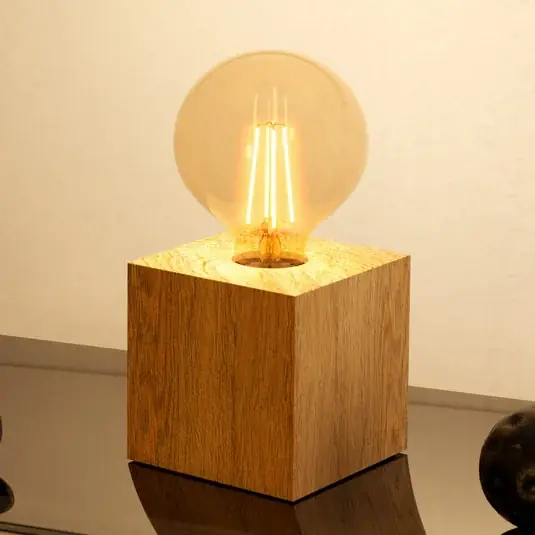 Originální Stolní lampa Prestwick 2, dřevěná kostka, přírodní