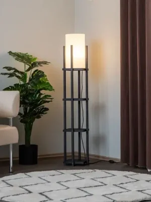 Objednat Nyní Stojací lampa 8111 černá, police, látkové stínidlo bílé