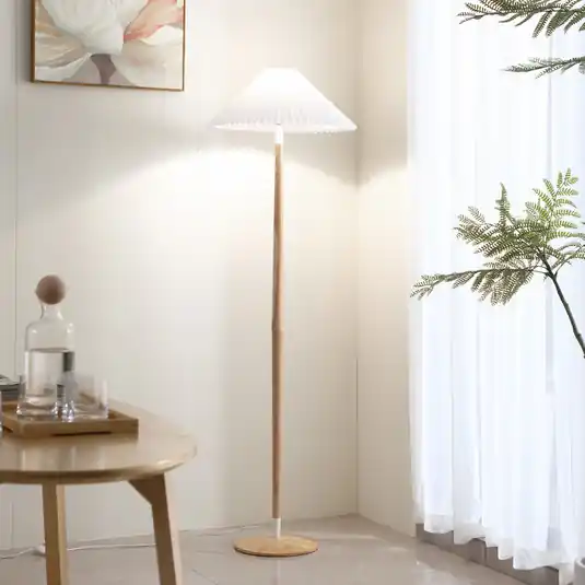 Stojací lampa Lucande Ellorin, bílá, dřevo, Ø 47,5 cm, E27 Hit Sezóny