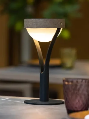 Super Cena Solární stolní lampa Tyble LED, černá / teak, 2 700 K, 200 lm