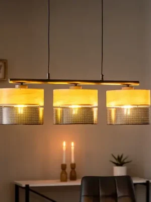 Značkový Závěsná lampa Nicol, černá/dřevěný efekt, 70x20 cm 3 světla 3 x E27
