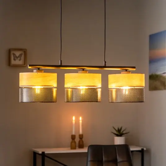 Značkový Závěsná lampa Nicol, černá/dřevěný efekt, 70x20 cm 3 světla 3 x E27