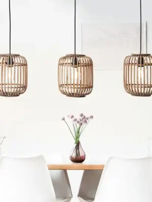 Časově Omezené Závěsná lampa Woodrow, délka 105 cm, světlé dřevo, 3 světla, bambus