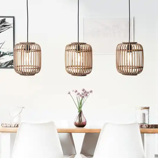 Časově Omezené Závěsná lampa Woodrow, délka 105 cm, světlé dřevo, 3 světla, bambus