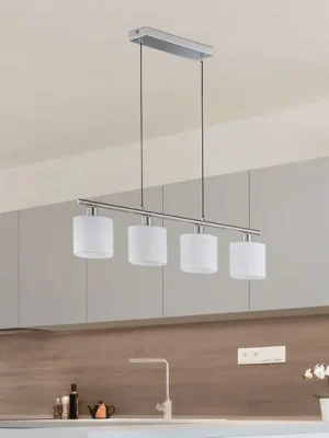 Závěsná lampa Tommy, nikl/bílá, délka 75 cm, 4 světla, tkanina Výprodej