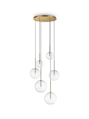 Závěsné světlo IDEAL LUX Equinoxe, 6 žárovek, mosazná barva, čiré sklo Levný