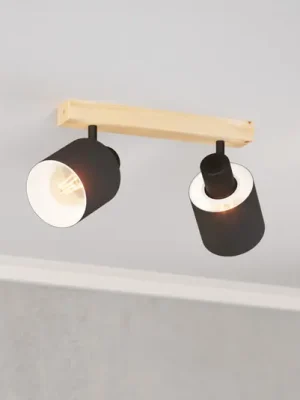 Nejprodávanější Stropní bodové svítidlo Batallas, délka 30 cm, černá/dřevo, 2 světla.