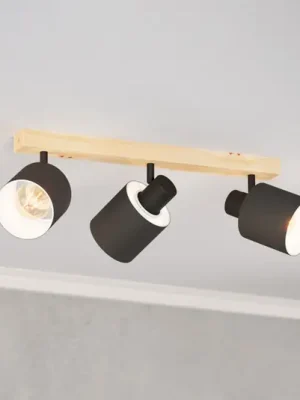 Poslední Šance Stropní bodové svítidlo Batallas, délka 48 cm, černá/dřevo, 3 světla.