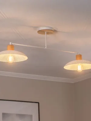 Akce Stropní světlo Kobe, dvouramenné, ocel, dřevo, bílé