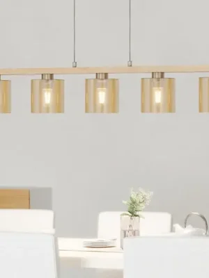 Originální Závěsná lampa Castralvo, délka 115 cm, dřevo/jantarová barva, 5 světel,