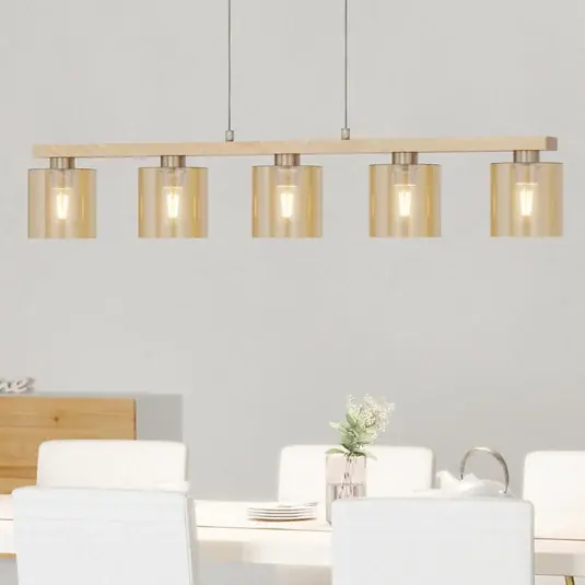 Originální Závěsná lampa Castralvo, délka 115 cm, dřevo/jantarová barva, 5 světel,