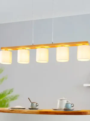 Cenová Bomba Závěsná lampa Castralvo, délka 115 cm, dřevo/bílá, 5 světel, látka