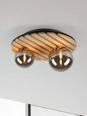 JUST LIGHT. Zelené stropní svítidlo Stika, kulaté, 2 světla, dřevo Originální