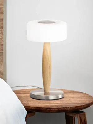 Stolní lampa Elea LED, barva niklu, výška 29 cm, sklo, dřevo Cenový Hit