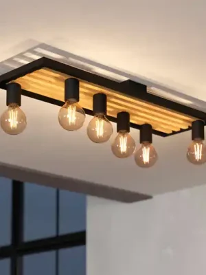Ověřený Stropní lampa Consett, černá/hnědá, dřevo, 78 cm, 6 světel, E27