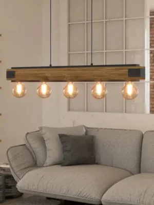 Závěsná lampa Layham, černá/světlé dřevo, délka 96 cm, 5 světel. Vrácení Zdarma