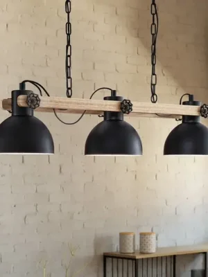 Rychlé Dodání Závěsné světlo Lubenham, černé/světlé dřevo, délka 90 cm, 3-bodové.