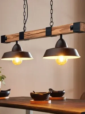 Závěsná lampa Oldbury, černá/tmavé dřevo, délka 86 cm, 2 světla. Originální