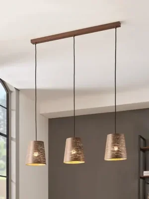 Závěsná lampa Segezia, barva moka/zlato, délka 88 cm, 3 světla. Vysoce Kvalitní
