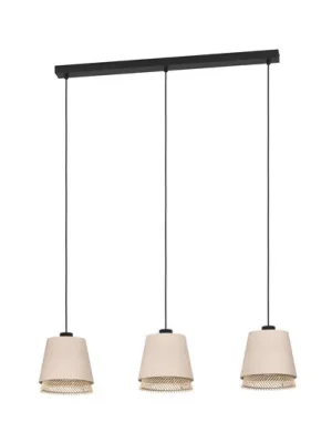 Sezónní Sleva Závěsná lampa Tabley, černá/přírodní barva, 89 cm, tkanina, 3 světla.