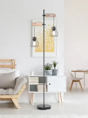 Stojací lampa Mina, černá/hnědá, výška 168 cm, kov/dřevo Autentický