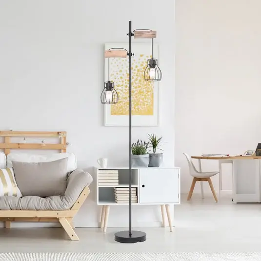 Stojací lampa Mina, černá/hnědá, výška 168 cm, kov/dřevo Autentický