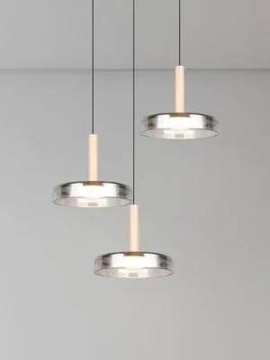 Závěsné svítidlo LED Celeste, chrom/dřevo, Ø 35 cm 3 světla, sklo tlumené Výprodej