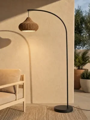 Cenová Bomba Venkovní stojací lampa Lucande Taniola, béžová, ratan, 195 cm, IP44