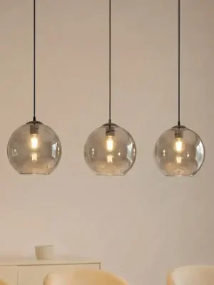 Závěsné světlo Lucande Brillar, kouřově šedé, sklo, 3 svítidla, 128 cm Autentický